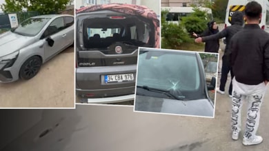 Elindeki taşla park halindeki araçlara böyle zarar verdi