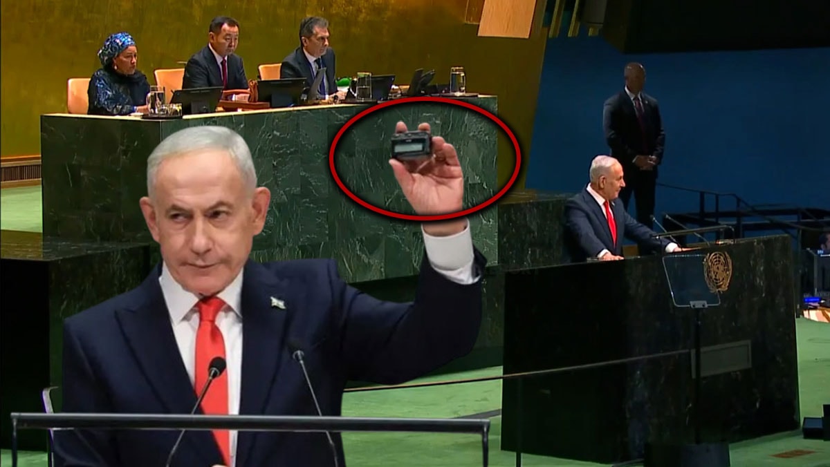 BM kürsüsünde protesto edilen Netanyahu, dünyayı elindeki cihazla tehdit etti